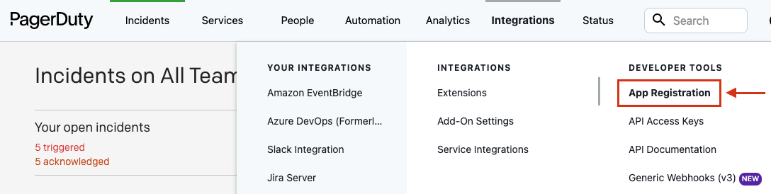 Screenshot of dev menu in Pagerduty