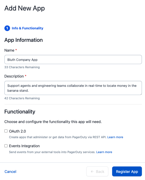 Screenshot of app registration form