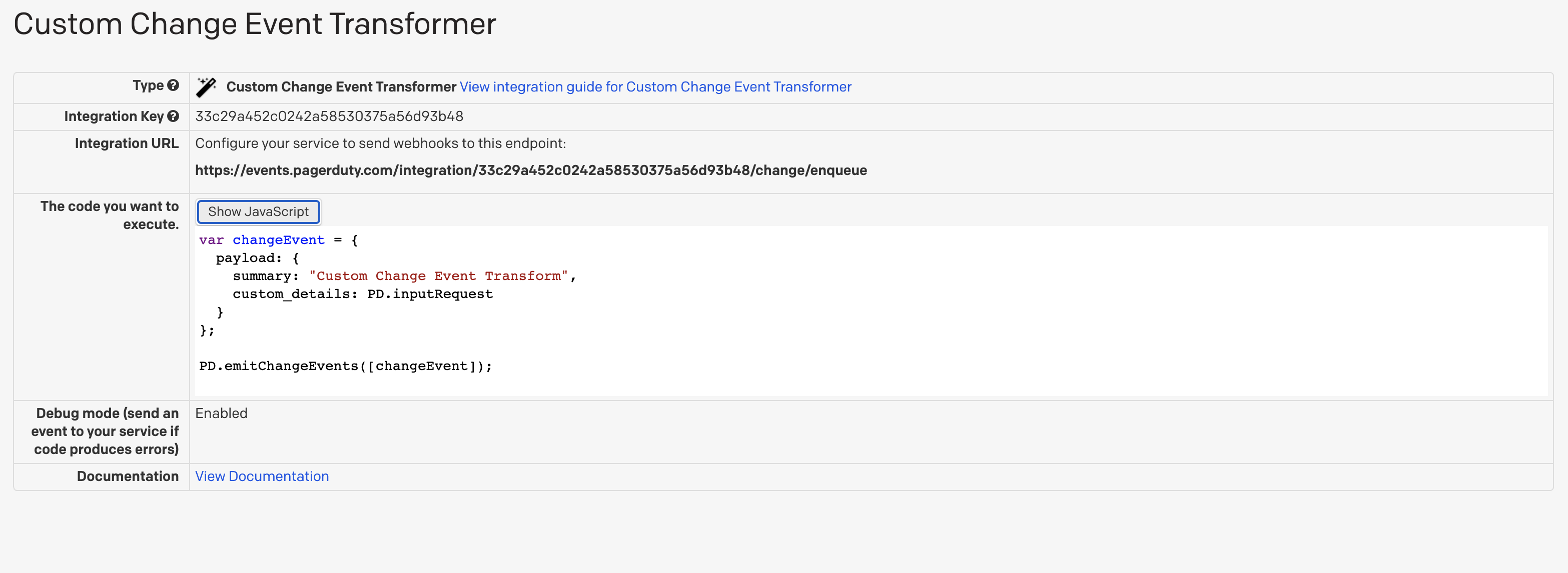 Screenshot of viewing a Custom Change Event Transformer
