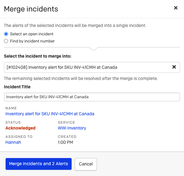 A screenshot of the PagerDuty web app showing a prompt to merge incidents and 2 alerts
