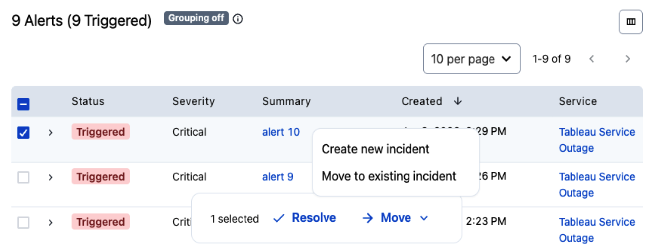 A screenshot of the PagerDuty web app showing how to move alerts on the Incidents page
