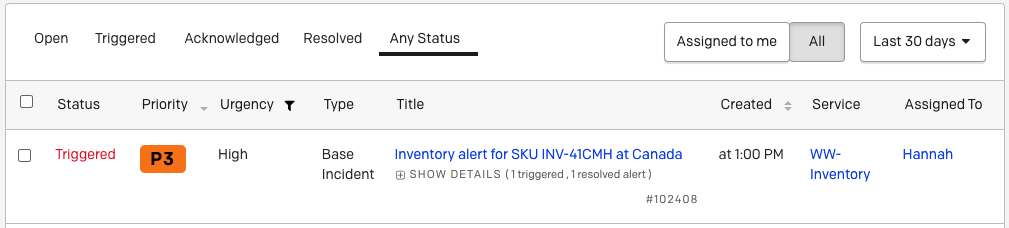 A screenshot of the PagerDuty web app showing a merged incident