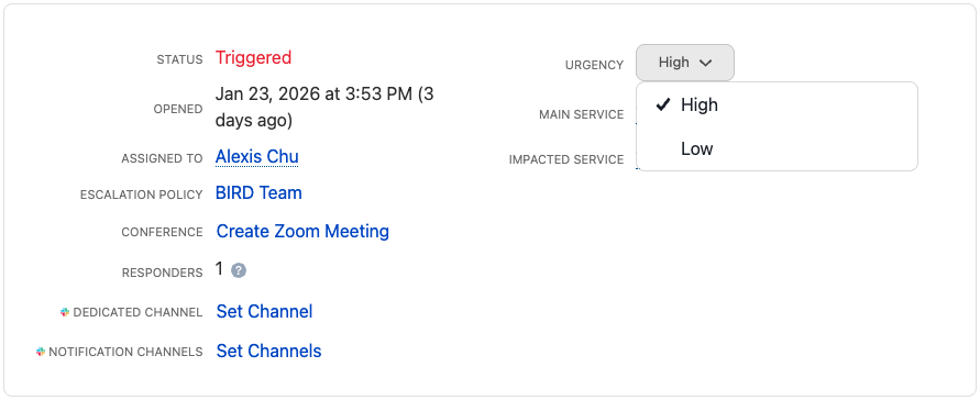 A screenshot of the PagerDuty web app showing how to edit incident urgency
