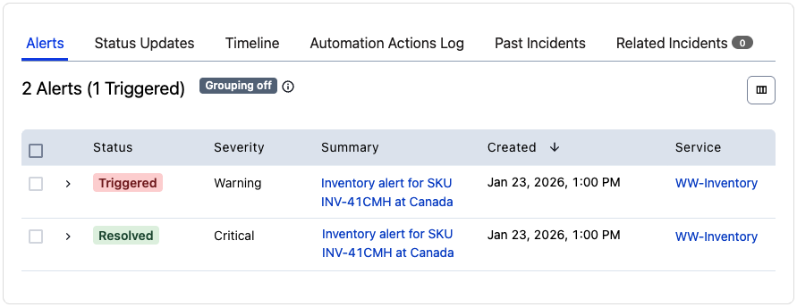 A screenshot of the PagerDuty web app showing merged alerts